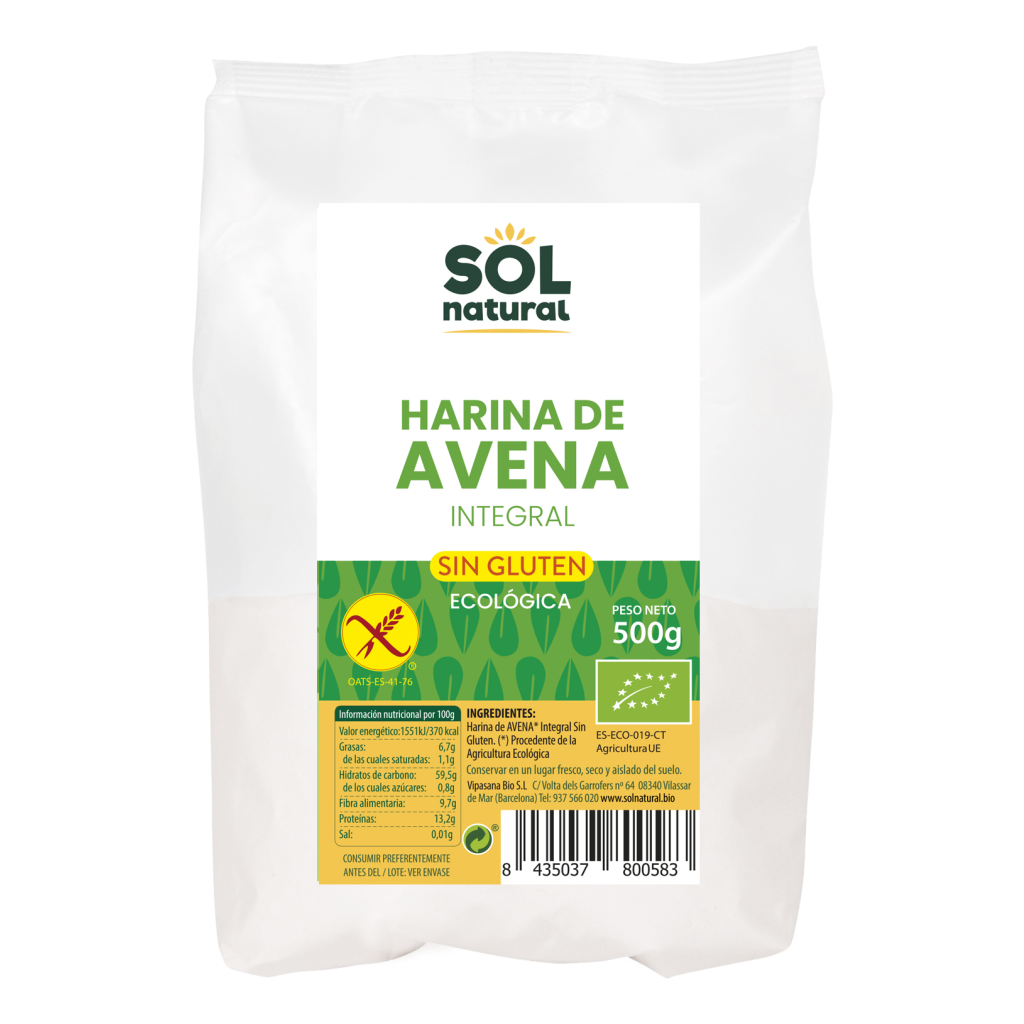 HARINA DE AVENA INTEGRAL SIN GLUTEN SOL NATURAL 500 GR